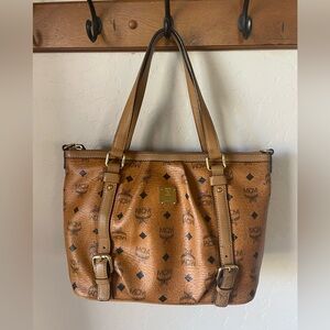 MCM Cognac Visetos Monogram Shoulder Tote Bag Gold Hardware Authentic